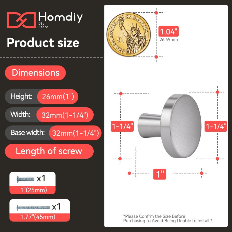 homdiy 10 Pack Brushed Nickel Cabinet Knobs Round Kitchen Handles Zinc Alloy Metal Hardware for Dresser Drawer Desk Cupboard - Image 2